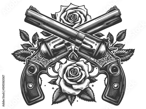 crossed revolvers adorned with roses. Tattoo design blending classic weaponry and floral motifs sketch engraving generative ai vector illustration. Scratch board imitation. Black and white image.