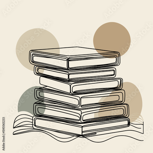 Stack of books in line art style with abstract circular background 