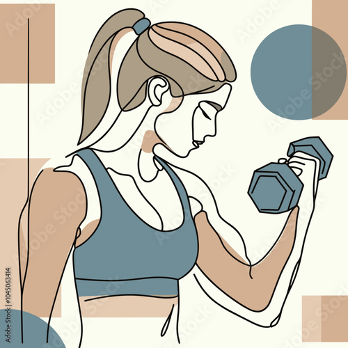 Vector fitness woman illustration lifting dumbbell in minimalist style with geometric shapes, copy space