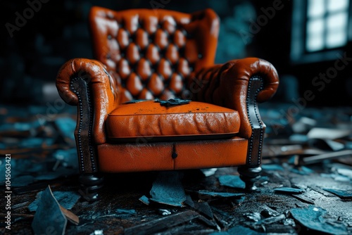 A classic orange armchair stands prominently amidst scattered debris in a dimly lit room, reflecting an abandoned environment with hints of mystery and stories untold. photo