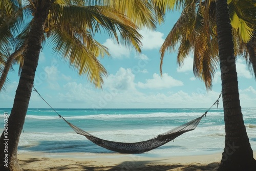 Tranquil Beach Scene with Hammock and Palm Trees