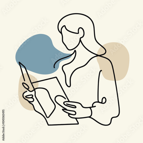 Vector woman reading map illustration in minimalist style with abstract shapes, copy space