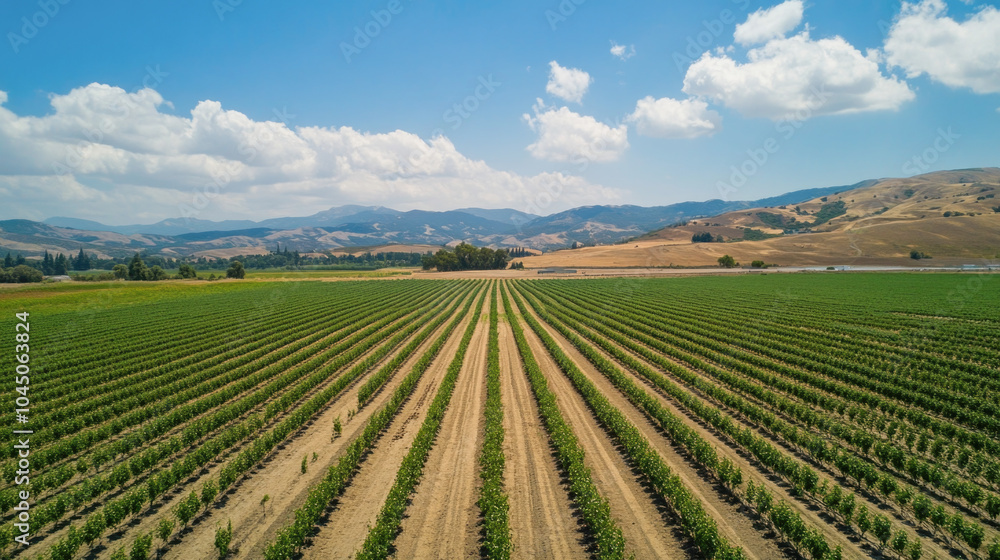 Aerial view of vineyard fields and rolling hills under blue sky and clouds in countryside Aerial view of vineyard fields and rolling hills under blue sky and clouds in countryside
