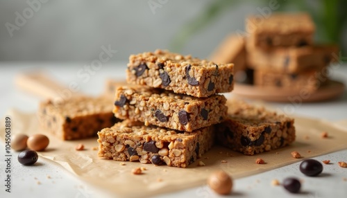  Deliciously stacked energy bars with chocolate chips and nuts photo