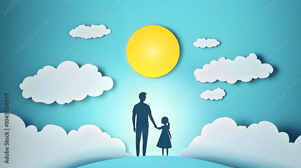 A father and his daughter standing in front of the sun, a simple layered paper art style on a blue background with clouds A father and his daughter standing in front of the sun, a simple layered paper art style on a blue background with clouds