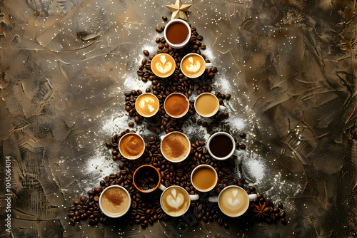 Creative unusual Christmas tree made of capcino coffee cups and coffee beans on a brown chocolate festive background with a star made of biscuits.Copyspase. Top view. Coffee concept, festive atmospher photo