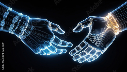 Blue Hands Engaging with Futuristic Abstract Technology An Artistic Exploration of Connectivity. A digital handshake between a human and a virtual hand on a dark background Concept of cybersecurit. photo