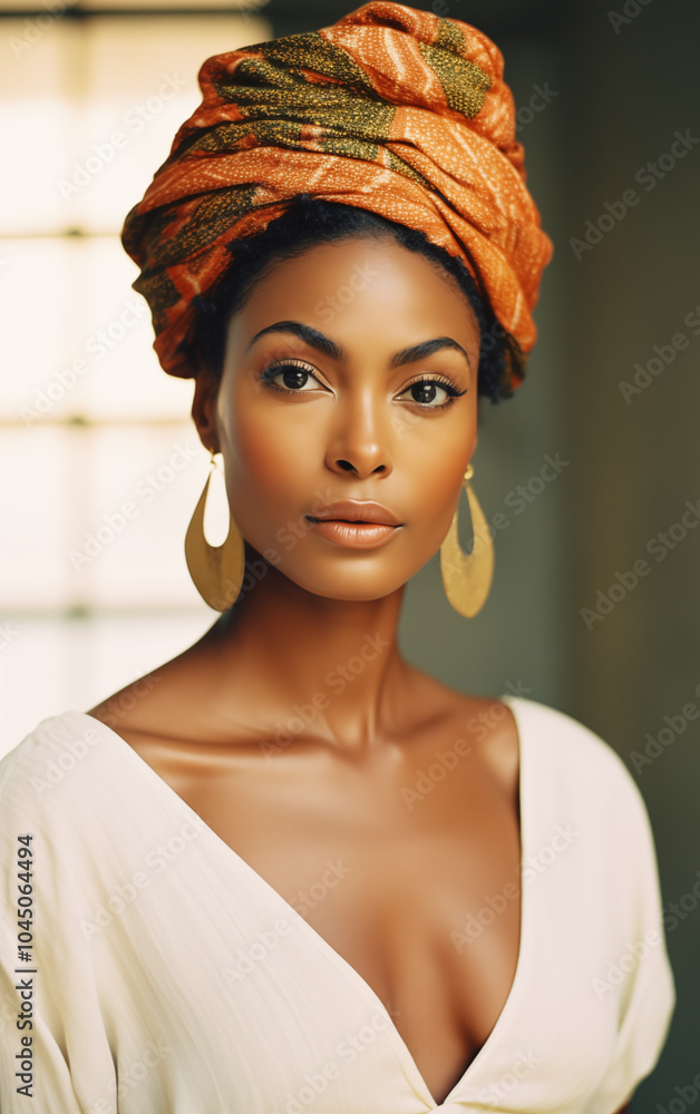 Fototapeta premium Portrait of a Beautiful African Woman in Authentic Headwrap and Minimalist Style. Black woman. Black history. African American. Elegant beauty girl