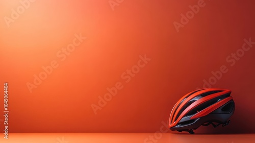 A modern, bright orange helmet is strikingly displayed on a vibrant orange gradient background, illustrating contemporary design, safety, and simplicity. photo