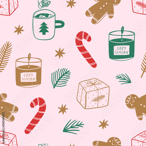 Hand drawn seamless pattern with traditional Christmas elements. Vintage style. 