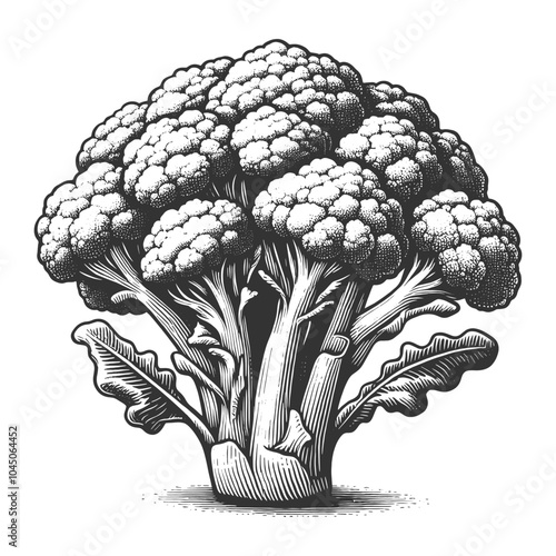 broccoli head, detailed botanical illustration with intricate texture and shading on white sketch engraving generative ai vector illustration. Scratch board imitation. Black and white image.