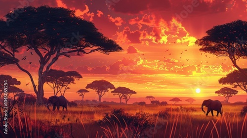 African Sunset with Elephants