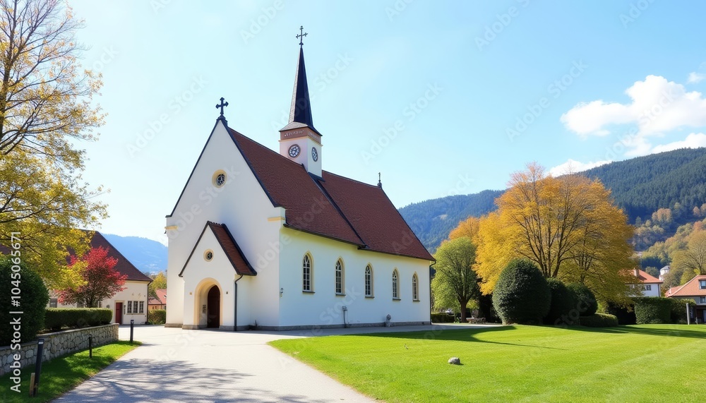 Elegant church with vibrant autumn foliage backdrop Elegant church with vibrant autumn foliage backdrop