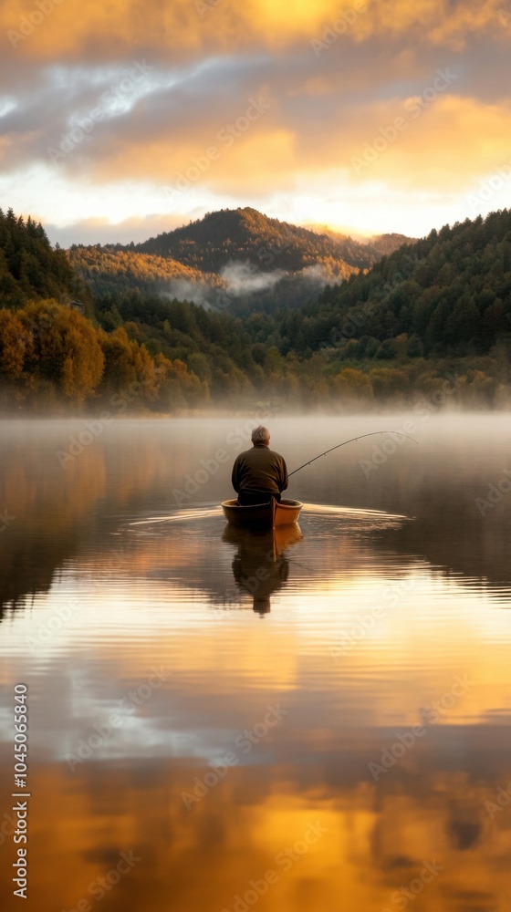 Ruhiges Morgenangeln auf einem ruhigen See inmitten nebliger Berge und goldener Herbstreflexionen Ruhiges Morgenangeln auf einem ruhigen See inmitten nebliger Berge und goldener Herbstreflexionen