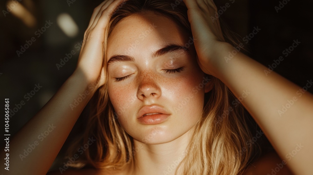 Obraz premium Heiteres Porträt einer friedvollen Frau im natürlichen Sonnenlicht für Wellness- und Beauty-Konzepte