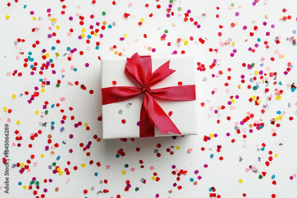 Festive Gift Wrapped with Red Ribbon and Confetti Festive Gift Wrapped with Red Ribbon and Confetti