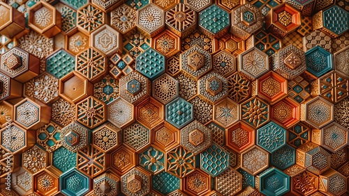 Textured geometric background with hexagonal patterns in earthy tones and copy space