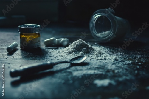 Dark Still Life of Medicine and Powdered Substance