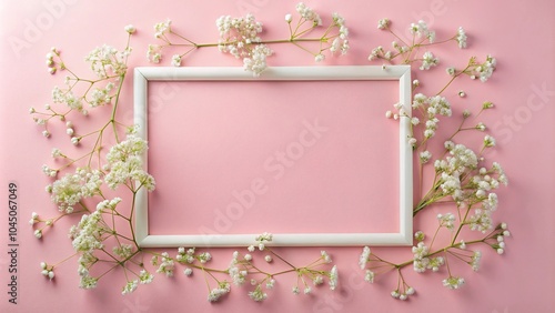 Small white flowers arranged on pastel pink background