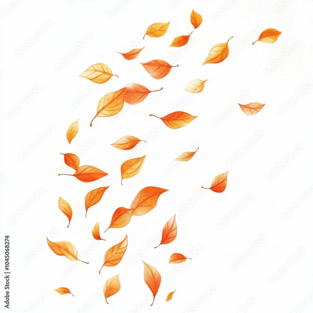 illustration of autumn leaves in orange and yellow, blowing in the wind on a crisp white background, giving a sense of movement and seasonal change. illustration of autumn leaves in orange and yellow, blowing in the wind on a crisp white background, giving a sense of movement and seasonal change.