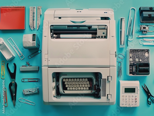 A copier with various accessories like staples and paper clips photo