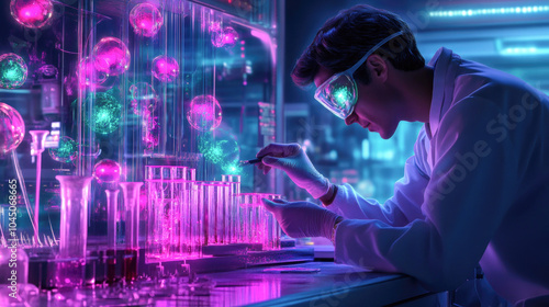Scientist conducting futuristic experiment with glowing chemicals in advanced laboratory