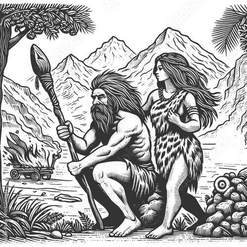 muscular caveman with a spear and a cavewoman holding a club, both wearing fur clothing sketch engraving generative ai vector illustration. Scratch board imitation. Black and white image.