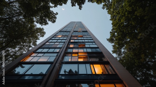 Urbane Ruhe: moderner Wolkenkratzer inmitten von Baumkronen in der Abenddämmerung photo