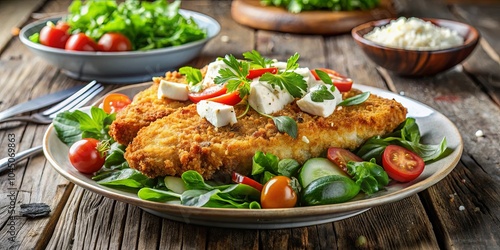 Golden-brown breaded cutlet resting on a bed of fresh green salad, adorned with creamy cheese cubes and vibrant red tomato slices.