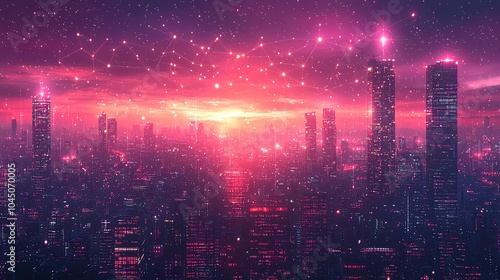 A futuristic city skyline with neon pink lights and a star-filled sky, highlighted by network connections, illustrating a blend of technology and urban life.