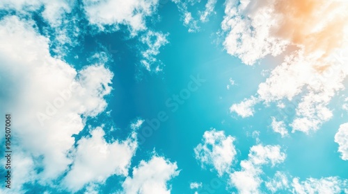 A vivid photograph of a bright blue sky embellished with fluffy white clouds, evoking a sense of peace and tranquility while capturing the beauty of nature.