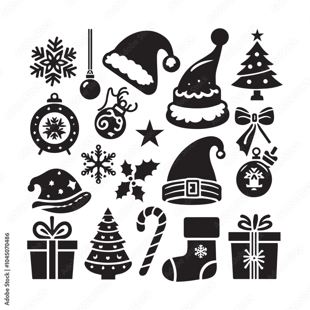 Minimalist Christmas Icon Set with Santa Hat, Gift Boxes, and Holiday Ornaments Minimalist Christmas Icon Set with Santa Hat, Gift Boxes, and Holiday Ornaments