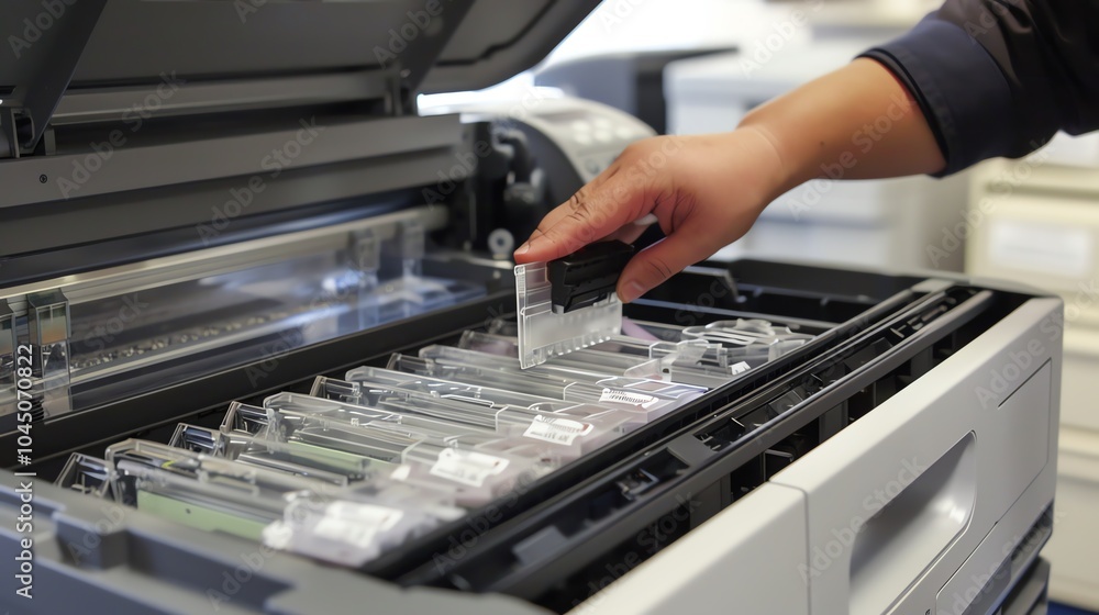 A detailed view of a copiers toner cartridge installation A detailed view of a copiers toner cartridge installation