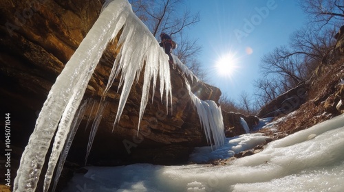 Winter-Erlebnislandschaft mit Eiszapfen und Wanderer in sonnigem, felsigem Gelände photo