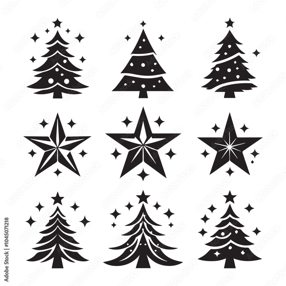 Obraz premium Silhouette Christmas Design Elements with Holiday Stars, Trees, and Snowflakes