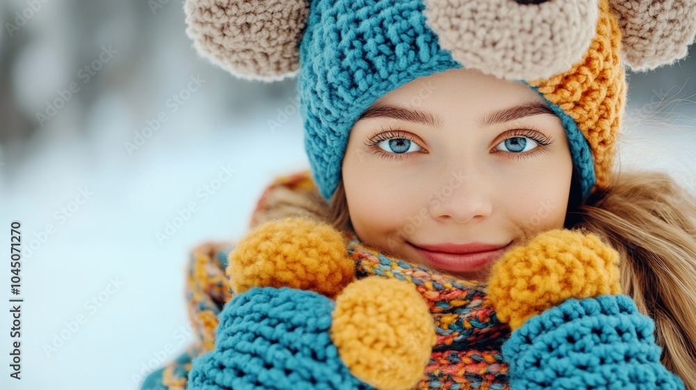 Young girl in colorful winter attire smiles warmly in a snowy landscape, AI Young girl in colorful winter attire smiles warmly in a snowy landscape, AI