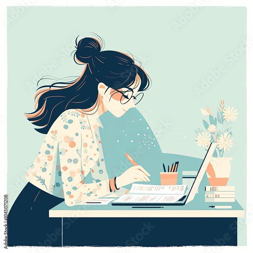 A woman deeply engaged in writing notes on a desk accompanies her laptop in a tranquil workspace decorated with soothing pastel colors and delicate flowers in a vase. photo