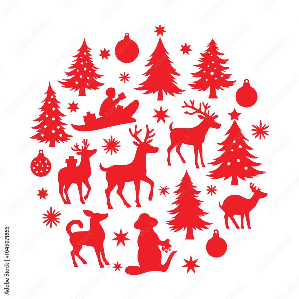 Silhouette Christmas Design Elements with Holiday Tree, Christmas ball and Snowflakes, Christmas deer Silhouette Christmas Design Elements with Holiday Tree, Christmas ball and Snowflakes, Christmas deer