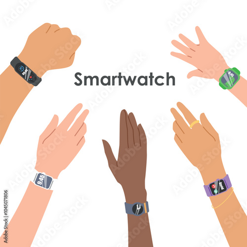 Smart watch. Hands of different skin colors with smart watches of different types and shapes. Children's smart watches