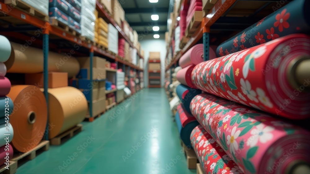 A large warehouse with many rolls of fabric on shelves A large warehouse with many rolls of fabric on shelves