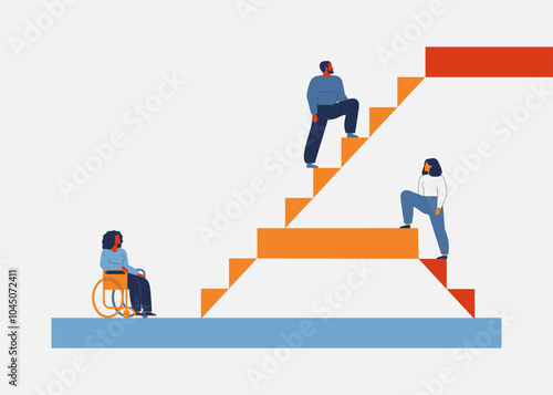 Unequal career opportunities for people with disability. Discrimination and promotion disparity for African American Woman in wheelchair with mobility problems. Vector illustration