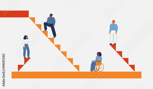 Unequal career opportunities for people with disability in business. Discrimination and promotion disparity for African American Woman in wheelchair with mobility problems. Vector illustration