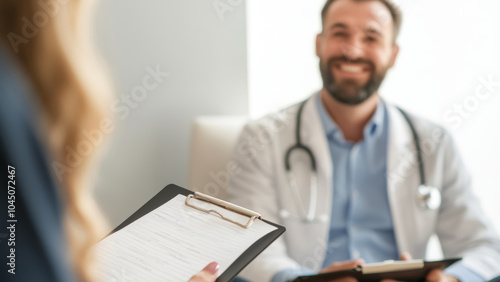 A doctor consults with a patient in a well-lit office setting during a healthcare appointment, fostering a comfortable environment at a clinic