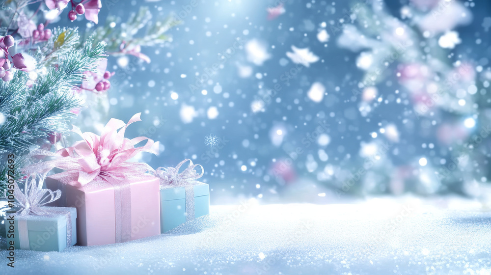 Delicate gifts with bows and ribbons rest in snowy, enchanting winter scene, surrounded by frosted branches and softly falling snowflakes, creating magical holiday atmosphere. Delicate gifts with bows and ribbons rest in snowy, enchanting winter scene, surrounded by frosted branches and softly falling snowflakes, creating magical holiday atmosphere.