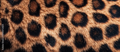 Close-up texture of leopard fur with black spots on a brown background.