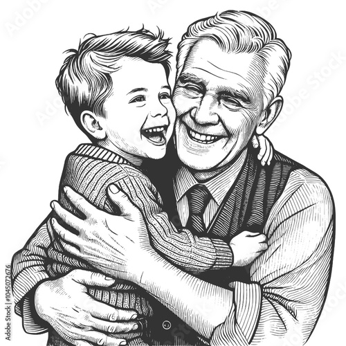 joyful grandfather holding his grandson, showcasing love, warmth, and family bonding in a nostalgic style sketch engraving generative ai vector illustration. Black and white image.