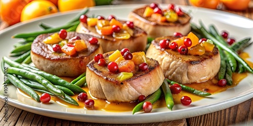 Golden Brown Seared Rounds with a Sweet and Savory Sauce, Served with Green Beans and Red Berries