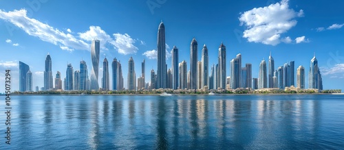 Modern skyscrapers reflect in the tranquil blue water of a bay on a sunny day with a clear blue sky.