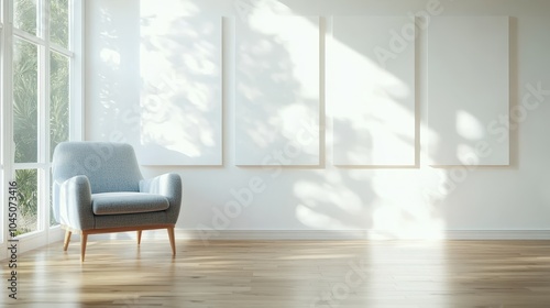 A sunlit, minimalistic living room features a comfortable armchair beside large windows, casting gentle shadows on the walls, creating a peaceful, tranquil ambiance. photo