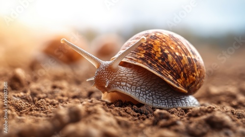 A close-up of a snail navigating the soil, showcasing its vibrant shell in stunning detail, conveying life’s slow pace and intricate beauty. photo